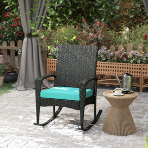 Outdoor Rocking Chair, Patio Wicker Chair Removable Cushion, High Back and Armrests for Porch Balcony, Turquoise