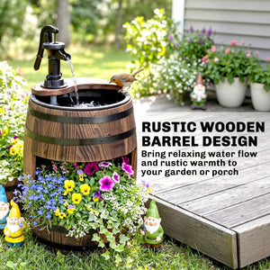Wooden Outdoor Fountain, Electrical Barrel Waterfall with 3600r/min Speed Pump for Patio, Backyard, Carbonized