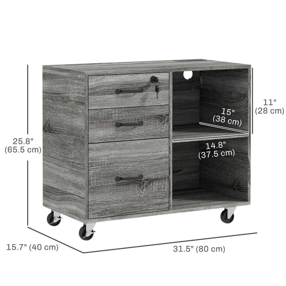 Mobile Printer Stand with Charging Station USB Ports Locking Filing Cabinet for A4 Letter Size Grey