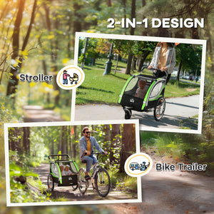 Aosom 2 Seat Bike Trailer for Kids 2-in-1 Double Baby Stroller with Handbrake, Rubber Wheels, 5 Point Harness, Waterproof Cover, Storage Bag, Reflectors