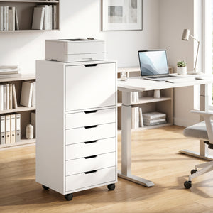 File Cabinet on Wheels Mobile Printer Stand with 5 Drawers for Home Office White