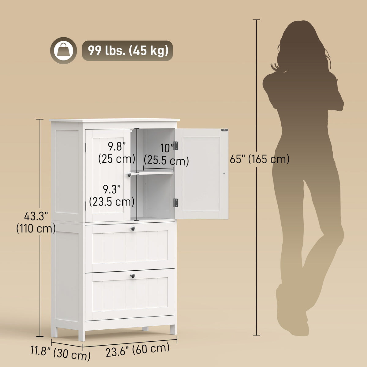 Bathroom Storage Cabinet, Narrow Bathroom Cabinet with 2 Drawers, Adjustable Shelf for Living Room, Entryway, White