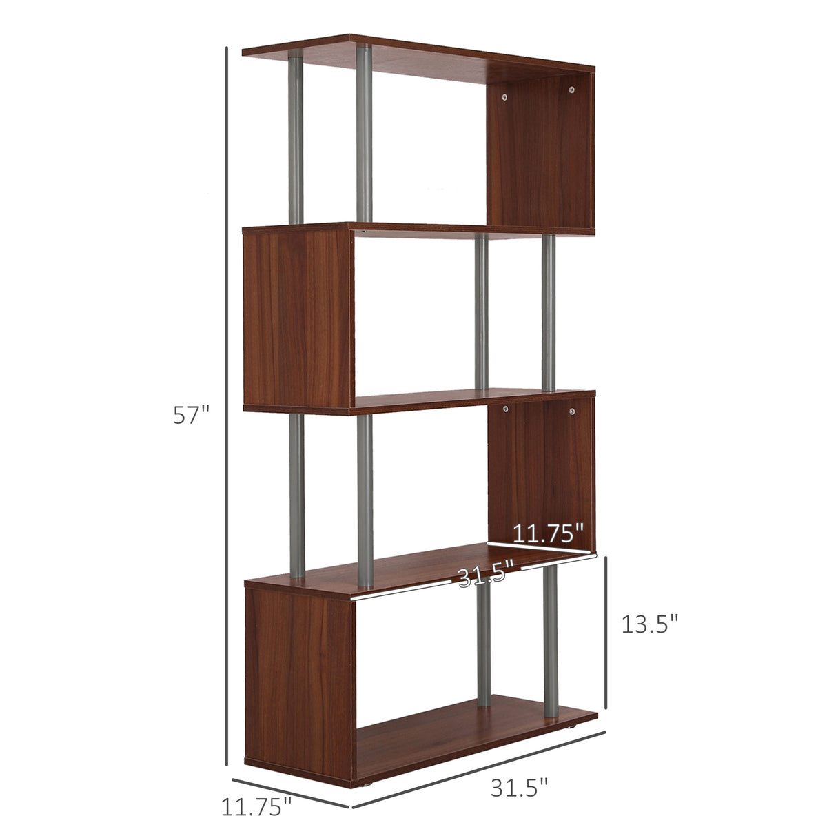 5-Tiers Geometric Wooden Bookcase S-Shaped Storage Bookshelf Display with Metal Frame for Living Room, Bedroom, Home Office, Walnut