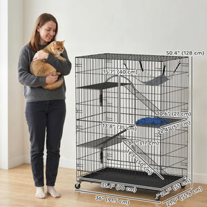 4-Tier Cat Cage, Large Cat Enclosure with Lockable Wheels, Tray, Hammock, Bed, 3 Ramp, 3 Platforms for 3-5 Kittens