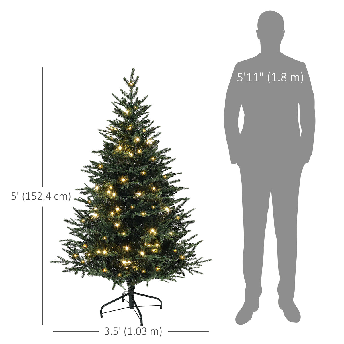 5ft Prelit Artificial Christmas Tree with 542 Tips, Warm White LED Lights, Steel Base, Hinged Xmas Tree, Auto Open