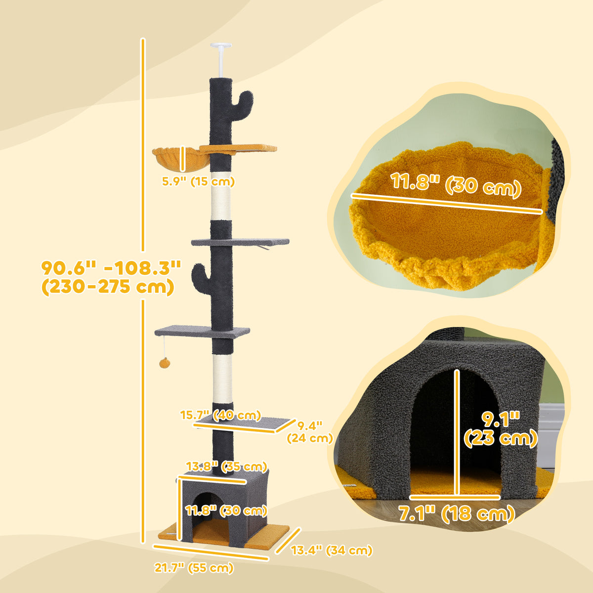 Floor to Ceiling Cat TreeTower with 90.5"-108" Adjustable Height, Scratching Posts, Hammock, Condo – view 2
