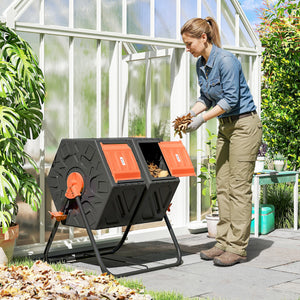 Rotating Composter, Dual Chamber Compost Bin with 24 Vents and Steel Legs, 34.5 Gallon, Brown