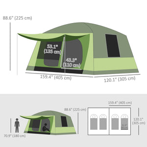 Tunnel Tent Camping Shelter w/ Porch, Two Rooms, Lamp Hook, Portable Carry Bag, Green