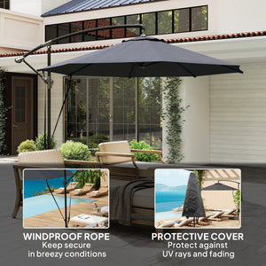 9.5' Cantilever Umbrella with Wind Protection Strap and Cover, Hanging Umbrella with Crank and Cross Base, UPF 50+, Grey