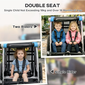 Aosom 2 Seat Bike Trailer for Kids 2-in-1 Double Baby Stroller with Handbrake, Rubber Wheels, 5 Point Harness, Waterproof Cover, Storage Bag, Reflectors