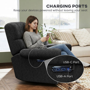 Power Recliner Chair, Fabric Upholstered Recliner Chair with USB Ports, Swivel and Rocking Function – view 6