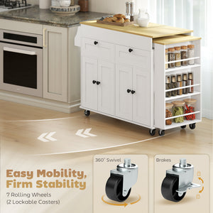 Kitchen Island with Sliding Expandable Top, Rolling Kitchen Cart with Drawers, Cabinets & Spice Rack, White