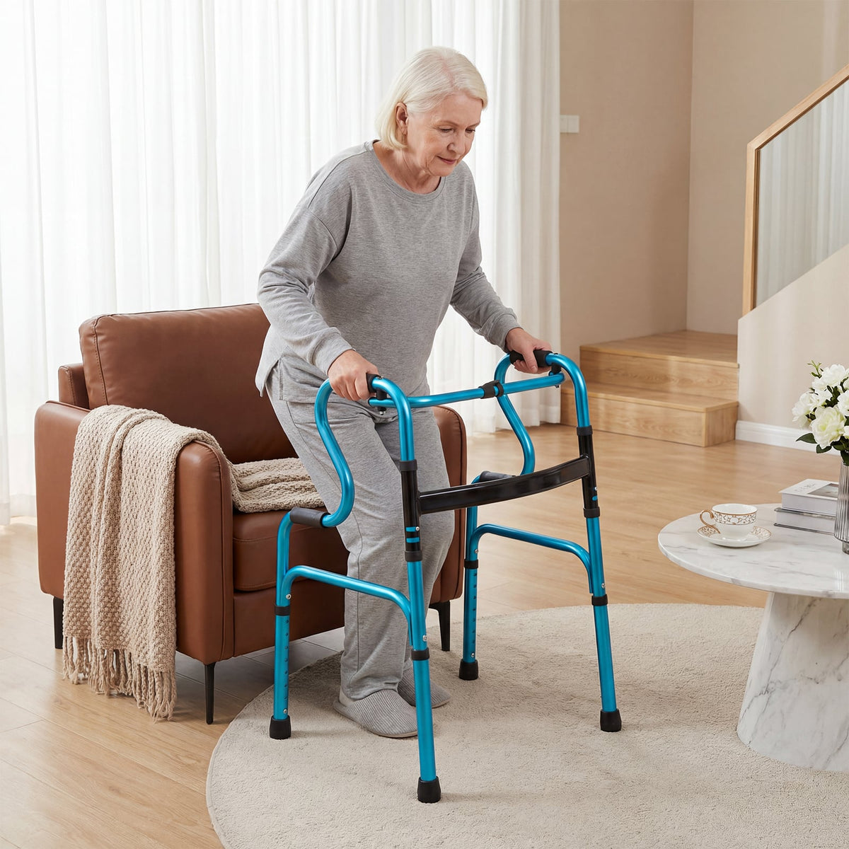 One-Button Folding Aluminum Walking Frame Walker Folding Walker for Seniors and Limited Mobility Users-Navy view 2