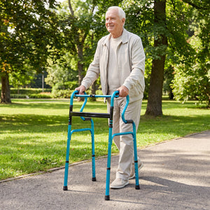 One-Button Folding Aluminum Walking Frame Walker Folding Walker for Seniors and Limited Mobility Users-Navy view 3