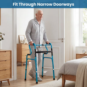 One-Button Folding Aluminum Walking Frame Walker Folding Walker for Seniors and Limited Mobility Users-Navy view 6