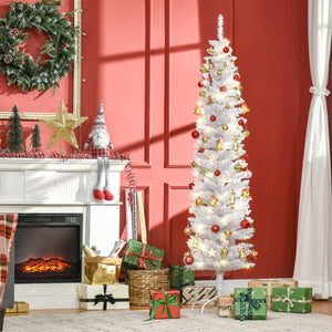 6ft Tall Prelit Pencil Artificial Christmas Tree, Holiday Décor with 395 Realistic Branches, 100 LED Lights, Foldable Metal Base, White