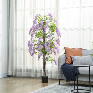 5.9FT Fake Wisteria Tree with Natural Wood Trunk, Artificial Plant in Nursery Pot, Greenery Tall Faux Floor Plant Purple