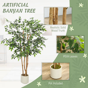 4FT Artificial Banyan Tree Set of 2, Fake Potted Tree with Solid Wood Trunk and Pot for Indoor