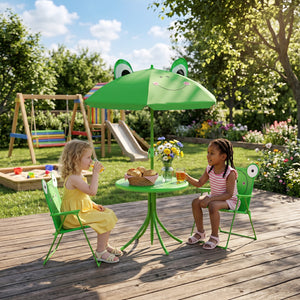 Kids Folding Picnic Table and Chair Set Pattern Outdoor Garden Patio Backyard with Removable & Height Adjustable Sun Umbrella Green