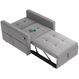 Convertible Chair Bed, Pull Out Sleeper Chair with USB, Adjustable Backrest, Small Velvet Futon Sofa Bed – view 8