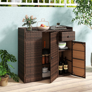 Outdoor PE Wicker Storage Cabinet with 3 Doors and Adjustable Shelves and Drawer-Brown view 3