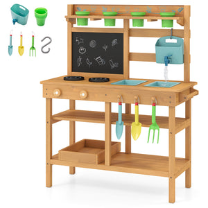 Outdoor Play Pretend Kitchen with Faucet and Removable Sinks for Children Aged 3+-Natural view 5