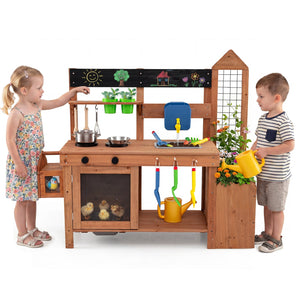 Outdoor Wooden Mud Kitchen with Planter Box and Sink for Toddlers-Natural view 4