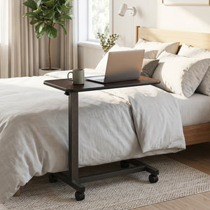 Overbed Table with Lockable Rolling Wheels and Sturdy H-Shaped Base for Hospital and Home Use-Walnut view 3
