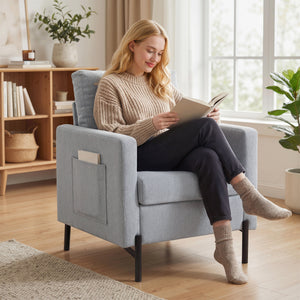 Accent Chair Modern Upholstered Armchair with Side Pockets and Cushion for Bedroom, Living Room, Beige – view 28