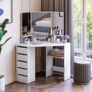 Corner Vanity Desk with Mirror, Makeup Vanity Table with 5 Drawers and Open Shelves – view 14