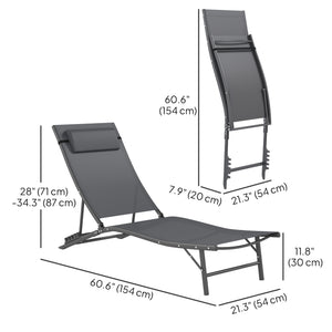 Folding Outdoor Chaise Lounge Chair Set of 2 with Adjustable Backrest, Headrest, Mesh Seat for Beach, Poolside, Grey