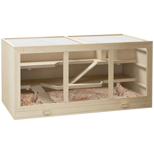 Wooden Hamster Cage Rat Cage with Slide, Tray, Natural Wood