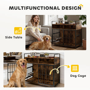 Dog Crate Furniture with Rotating Feeding Station Dog Kennel End Table Storage Shelves, Rustic Brown
