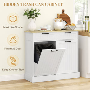 Hidden Garbage Bin Cabinet, Tilt Out Trash Cabinet w/ 2 Drawers, Freestanding Kitchen Island for Laundry – view 10