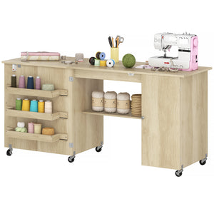 Sewing Machine Table with Drop Leaf, Folding Craft Table with 2 Doors and Adjustable Shelf for Small Spaces, Brown