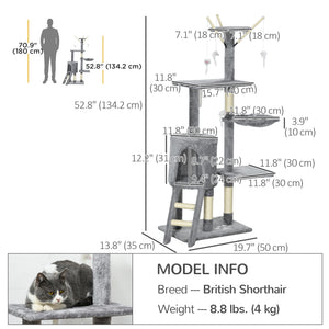 53" Cat Tree Tower, Kitten Activity Centre with Scratching Posts, Condo, Perches, Ladder, Hammock – view 2
