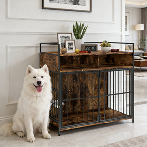 Dog Crate Furniture with Rotating Feeding Station Dog Kennel End Table Storage Shelves, Rustic Brown
