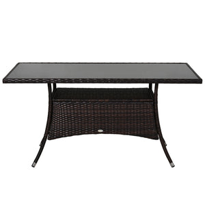 Garden Dining Table, Patio Rattan Dining Table with Glass Top, Storage Shelf for Yard, 59" x 34" x 29", Brown