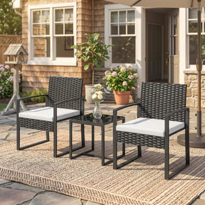 Outdoor Bistro Set, 3 Piece Wicker Patio Furniture Set with Glass Top Table and Cushions for Porch – view 14