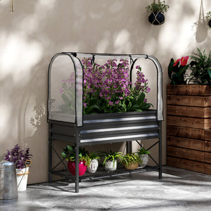Raised Garden Bed with Cover, Metal Elevated Planter Box with Bottom Shelf and Liner, Black – view 7