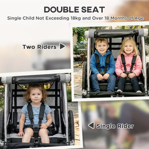 Aosom 2 Seat Bike Trailer for Kids 2-in-1 Double Baby Stroller with Handbrake, Rubber Wheels, 5 Point Harness, Waterproof Cover, Storage Bag, Reflectors