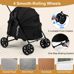 Pet Stroller for Small Medium Dogs Foldable with One-Step Rear Brake and Canopy-Black view 8