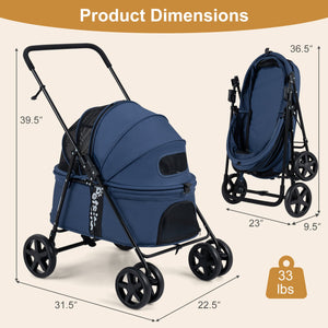 Pet Stroller for Small Medium Dogs Foldable with One-Step Rear Brake and Canopy-Navy view 5