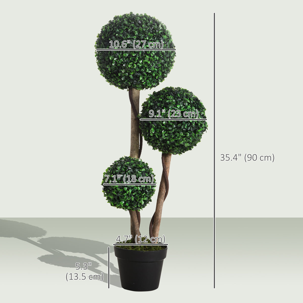 35 Inch Potted Fake Plant, Artificial Boxwood Topiary Tree, Triple Ball Tree for Indoor and Outdoor, Dark Green