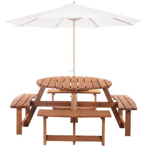 8 Seater Round Wooden Pub Bench & Picnic Table, Patio Dining Set for Outdoor Patio (Umbrella Not Included)