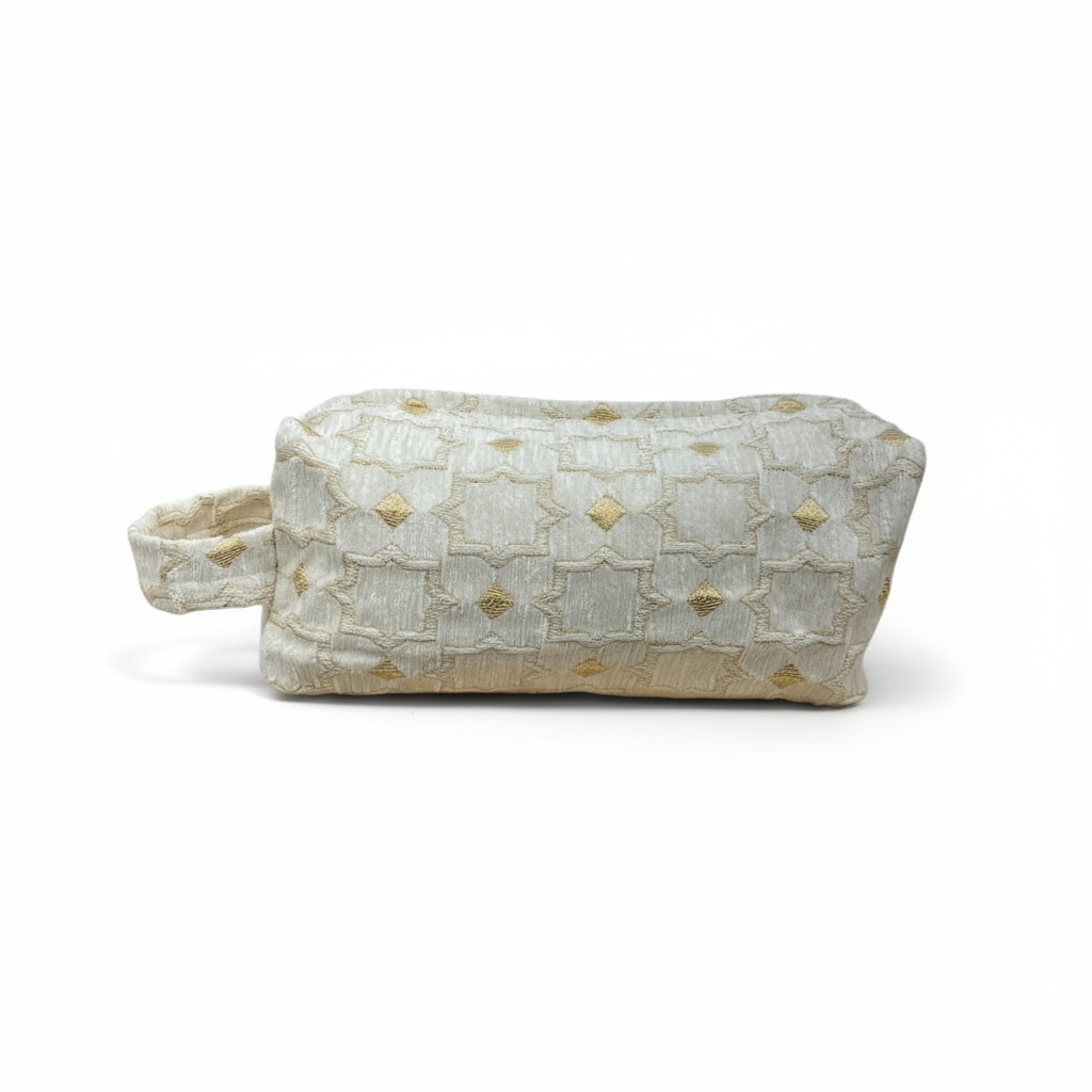 One Earth Brocade White Travel Bag, Handmade Morocco
