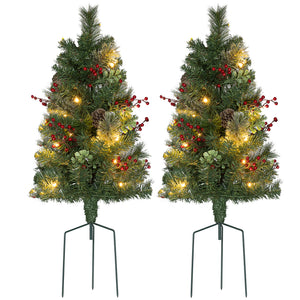 2ft 2 Pack Artificial Christmas Tree, Pre Lit Christmas Tree with Red Berries and Pine Cones, Battery Operated, Green