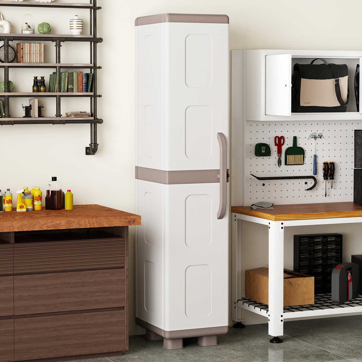 Plastic Kitchen Pantry with 4 Adjustable Shelves and Single Door for Living Room and Kitchen-Beige view 2