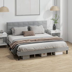 Queen Size Bed Frame with Upholstered Headboard, Modern Platform Bed Frame with Wood Slats, 1100 lbs Capacity, Cream