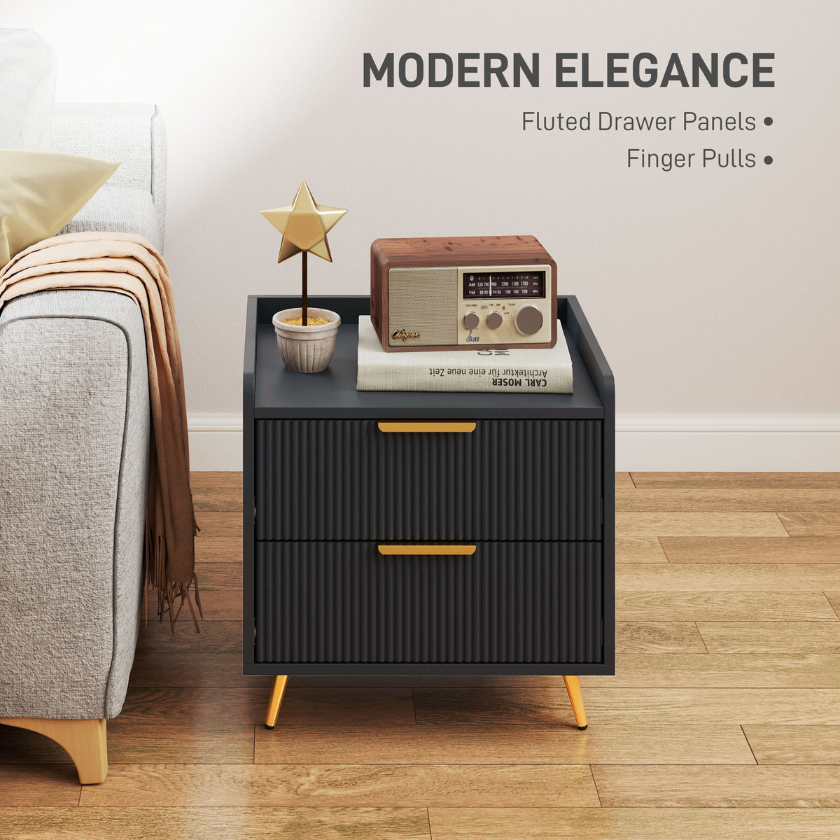Bedside Table, Nightstand with 2 Drawers, Side End Table with Metal Legs for Bedroom, Black – view 2